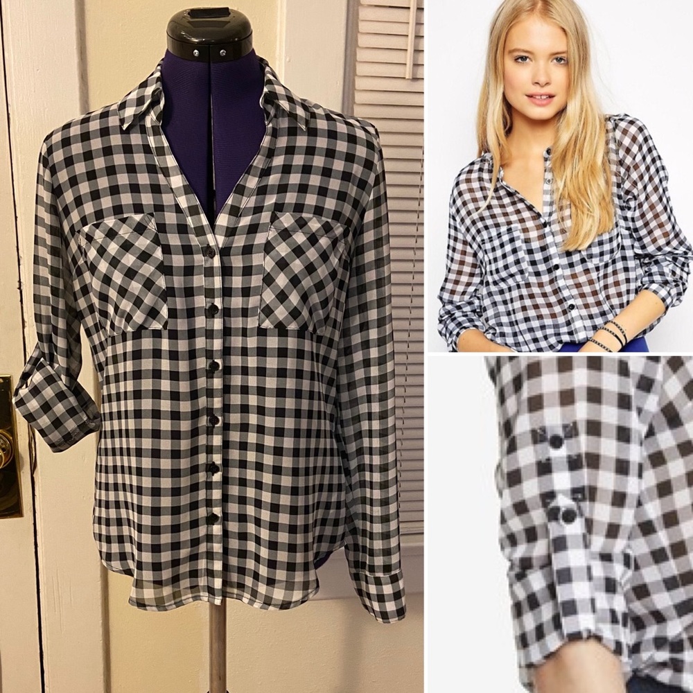 Express small black gingham check Portofino button shirt top tab roll up sleeves